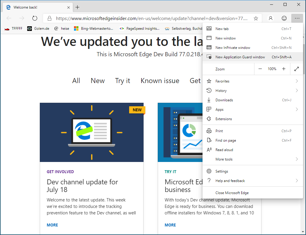 Neues vom Edge Chromium - 072319 0518 NeuesvomEdg2 Menu - Screenshot: Microsoft Edge Insider DEV Build 77.0.218.4