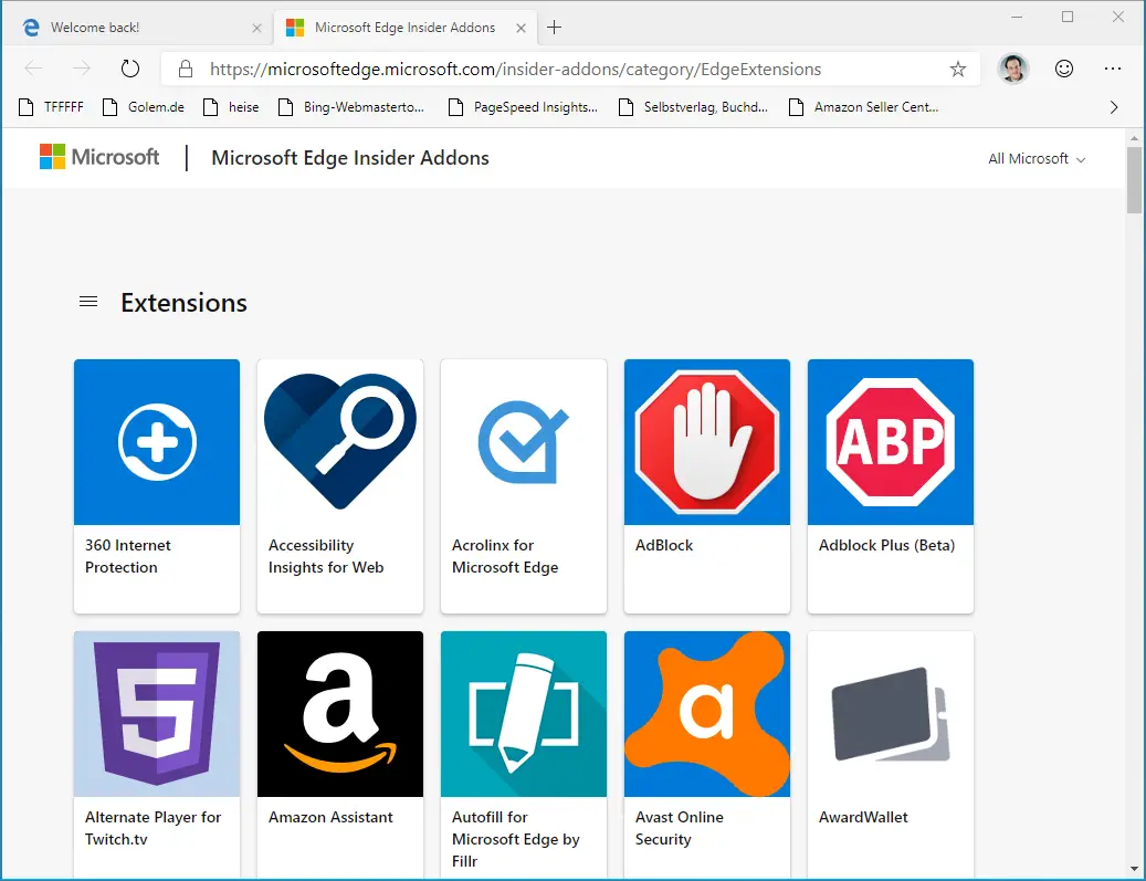 Erweiterungen im Microsoft Store -  Screenshot: Microsoft Edge Insider DEV  Build 77.0.218.4  