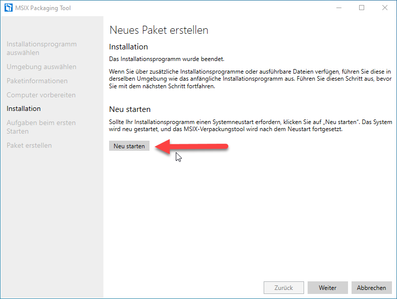 Screenshot: MSIX Packaging Tool  - Neues Paket erstellen - Installation