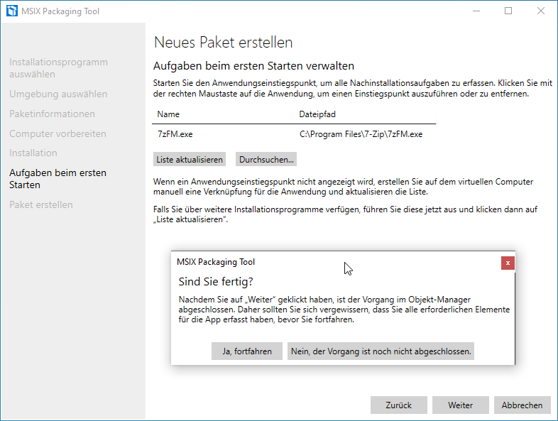 Business Anwendungen mit MSI-X paketieren - 072919 0934 BusinessAnw13 Screenshot: MSIX Packaging Tool - Neues Paket erstellen - Sind Sie fertig?