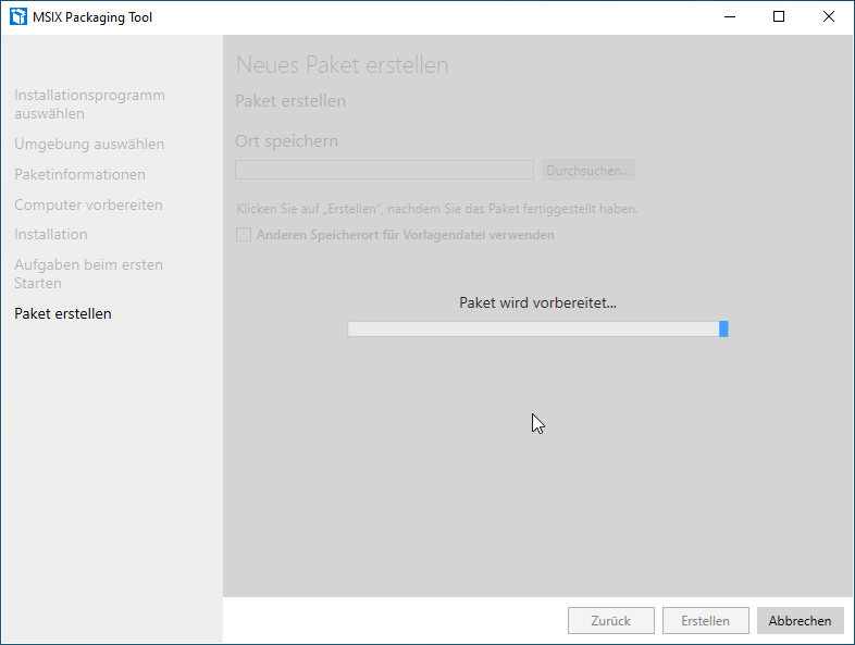 Business Anwendungen mit MSI-X paketieren - 072919 0934 BusinessAnw14 Screenshot: MSIX Packaging Tool - Neues Paket erstellen - Paket wird vorbereitet...