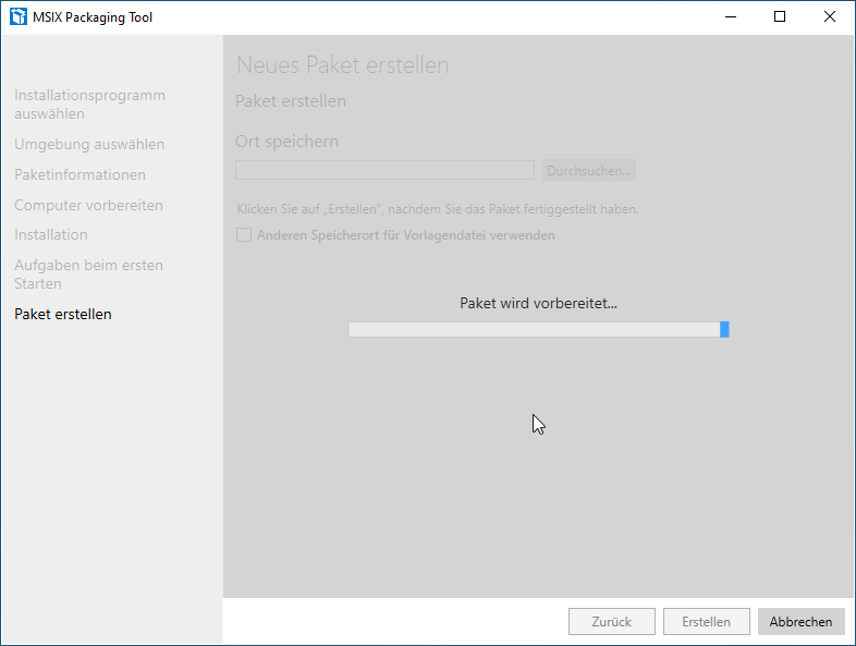 Screenshot: MSIX Packaging Tool  - Neues Paket erstellen - Paket wird vorbereitet...