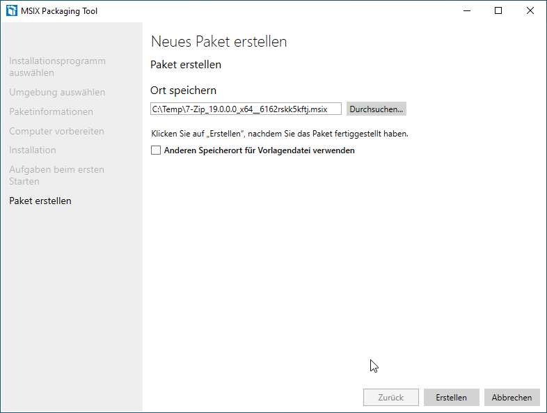 Business Anwendungen mit MSI-X paketieren - 072919 0934 BusinessAnw15 Screenshot: MSIX Packaging Tool - Neues Paket erstellen - Paket erstellen