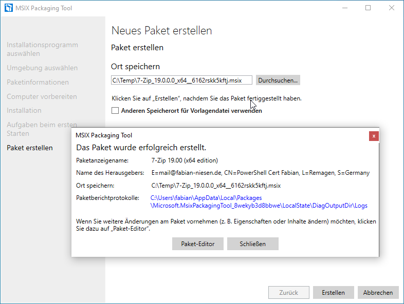 Business Anwendungen mit MSI-X paketieren - 072919 0934 BusinessAnw16 Screenshot: MSIX Packaging Tool - Neues Paket erstellen - Das Paket wurde erfolgreich erstellt