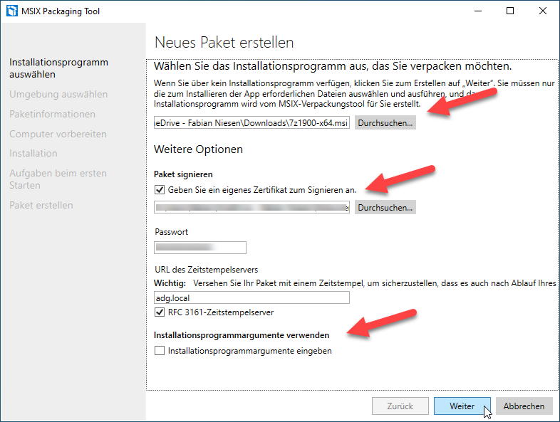 Screenshot: MSIX Packaging Tool  - Neues Paket erstellen - Installationsprogramm auswählen