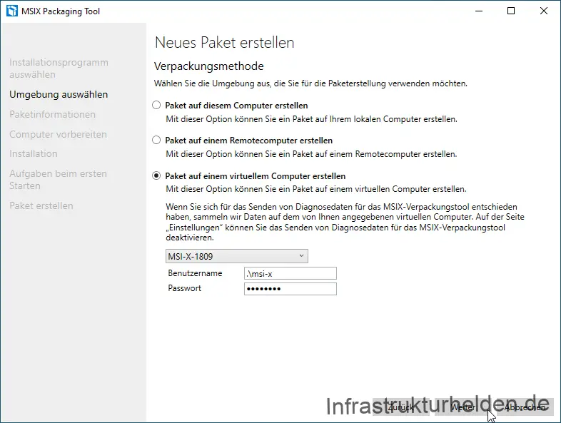 Screenshot: MSIX Packaging Tool  - Neues Paket erstellen - Umgebung auswählen
