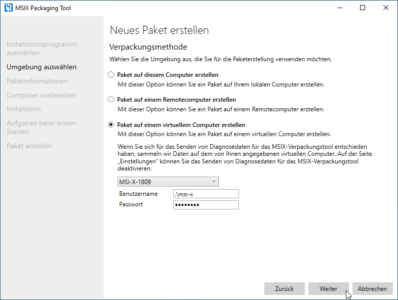 Screenshot: MSIX Packaging Tool  - Neues Paket erstellen - Umgebung auswählen