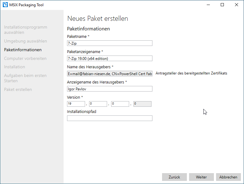 Business Anwendungen mit MSI-X paketieren - 072919 0934 BusinessAnw6 Screenshot: MSIX Packaging Tool - Neues Paket erstellen - Paketinformationen