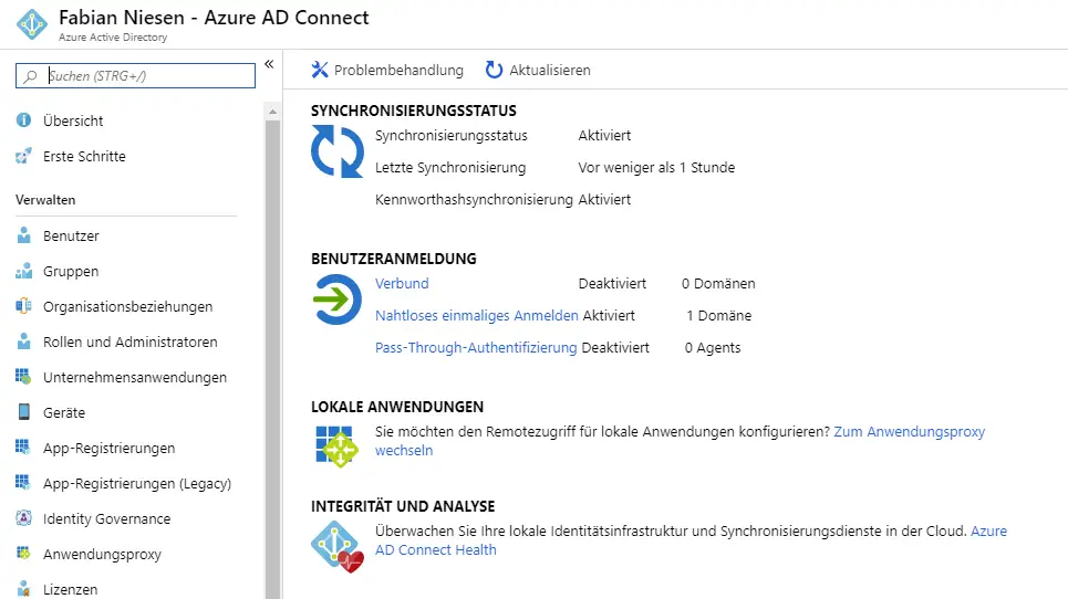 Azure Active Directory mit Single-Sign On mit Passwort Hash Synchronisierung