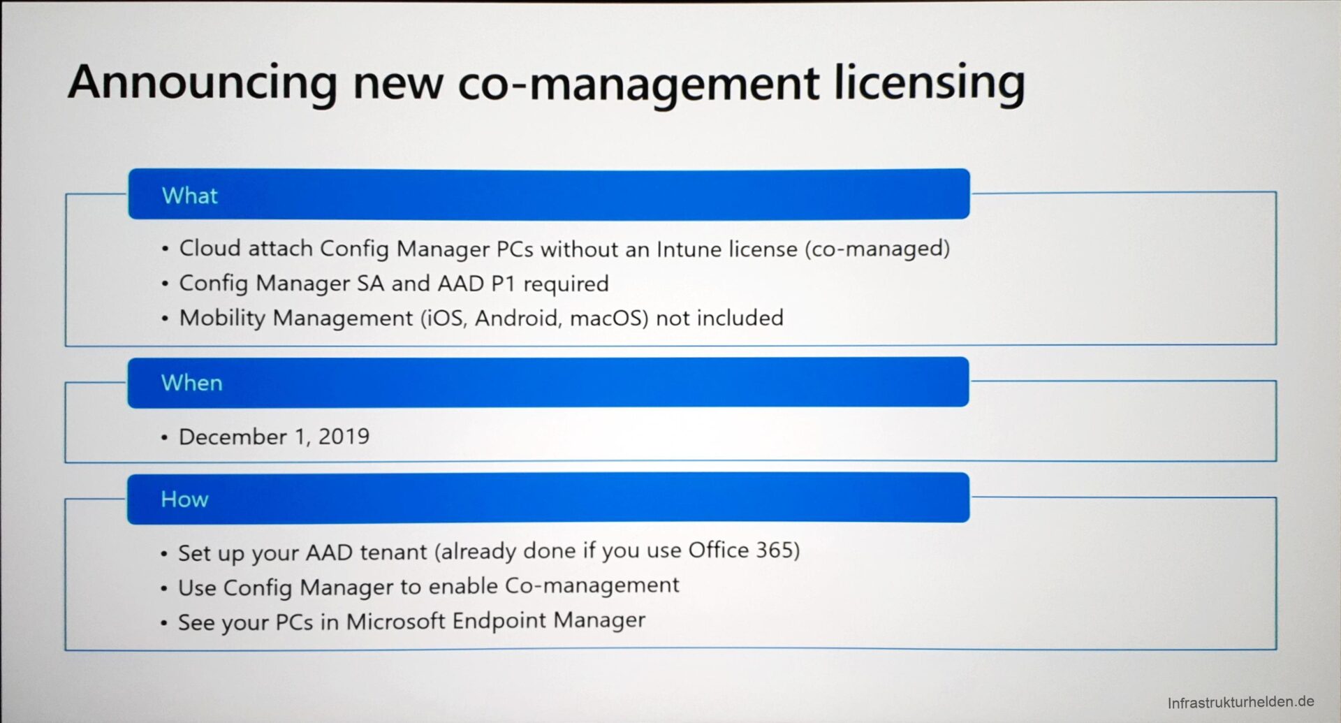 Computergenerierter Alternativtext:
Announcing new co-management licensing 
What 
• Cloud attach Config Manager PCs without an Intune license (co-managed) 
• Config Manager SA and AAD PI required 
• Mobility Management (iOS, Android, macOS) not included 
When 
• December 1, 2019 
How 
• Set up your AAD tenant (already done if you use Office 365) 
• Use Config Manager to enable Co-management 
• See your PCs in Microsoft Endpoint Manager 