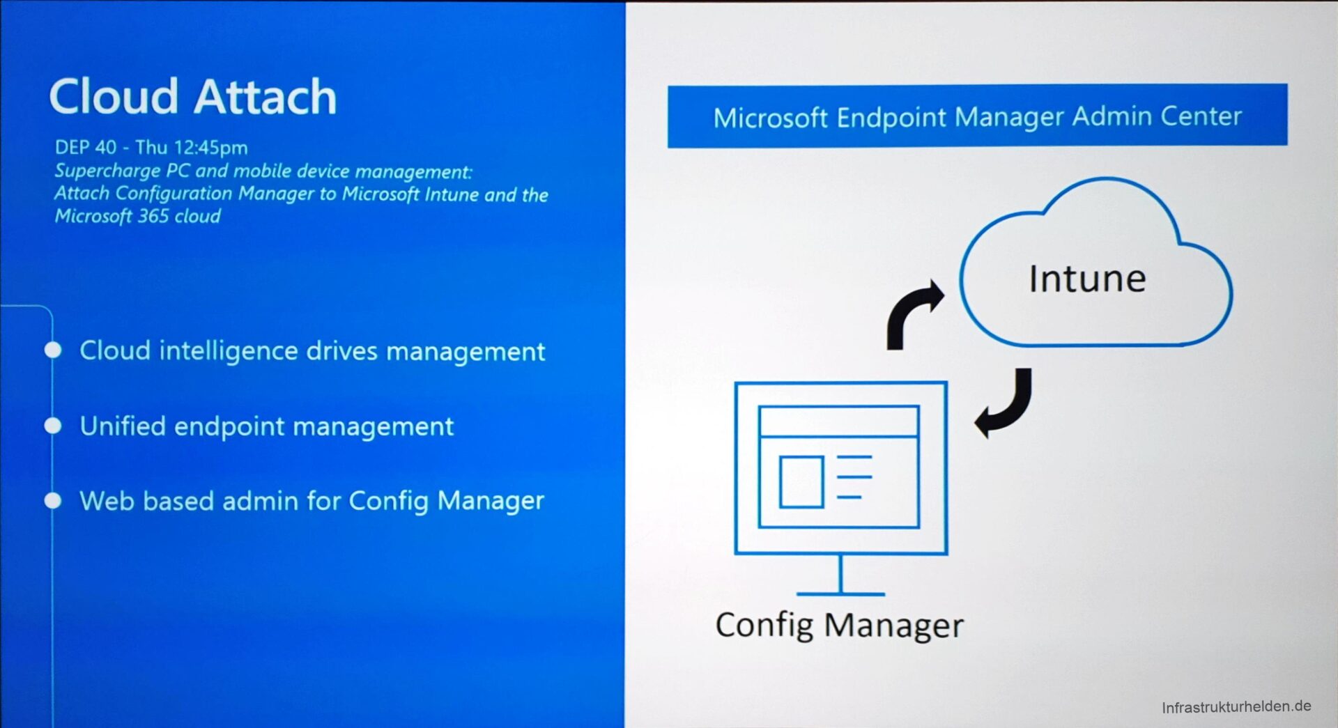 Computergenerierter Alternativtext:
Cloud Attach 
DEP 40 - Thu 12:45pm 
Supercharge PC and mobile device management: 
Attach Configuration Manager to Microsoft Intune and the 
Microsoft 365 cloud 
e Cloud intelligence drives management 
e Unified endpoint management 
e Web based admin for Config Manager 
Microsoft Endpoint Manager Admin Center 
Intune 
Config Manager 