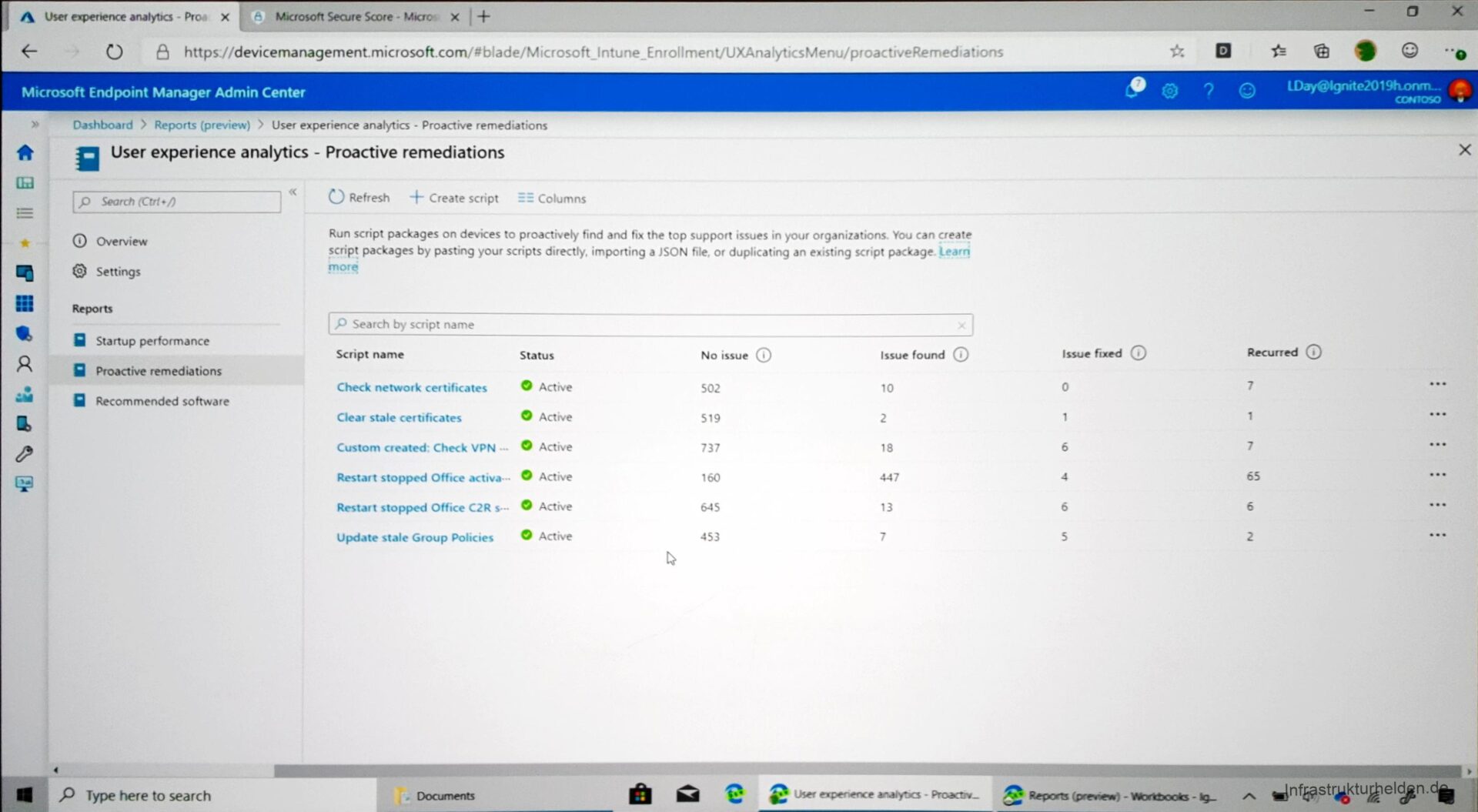 Computergenerierter Alternativtext:
User experienceanalyt•cs -Pro.) e MRrosottSeaneScote - X 
https1/devicemanagement.microsoft.com/#bIade/Microsoft_Intune_Enrollment/UXAnalyticsMenu/proactiveRemediations 
Microsoft Endpoint Manager Admin Center 
Dashboard > Reports (preview) User experience analytics - Proactive remediations 
User experience analytics - Proactive remediations 
o 
O 9horvre 
Recurred O 
7 
7 
65 
6 
2 
x 
x 
Refresh -f- Create Script 
Columns 
Run script packages on devices to proactively find and fix the top support issues in your organizations. You can create 
Script packages by pasting your scripts directly, importing a JSON file or duplicating an existing script package. Learn 
Overview 
Settings 
Startup performance 
Proactive remediations 
Recommended software 
Type here to search 
moré. 
„O Search by Script name 
Script name 
Check network certificates 
Clear stale certificates 
Custom created: Check VPN • 
Restart stopped Office activa.„ 
Restart stopped Office C2R 
Update stale Group Policies 
Status 
O Active 
O Active 
O Active 
O Active 
Active 
Active 
No issue 
502 
519 
737 
160 
64 S 
453 
Issue found 
10 
2 
447 
13 
7 
Lise expenerce anaiytk:s • 
Issue fixed 
6 
4 
6 
5 