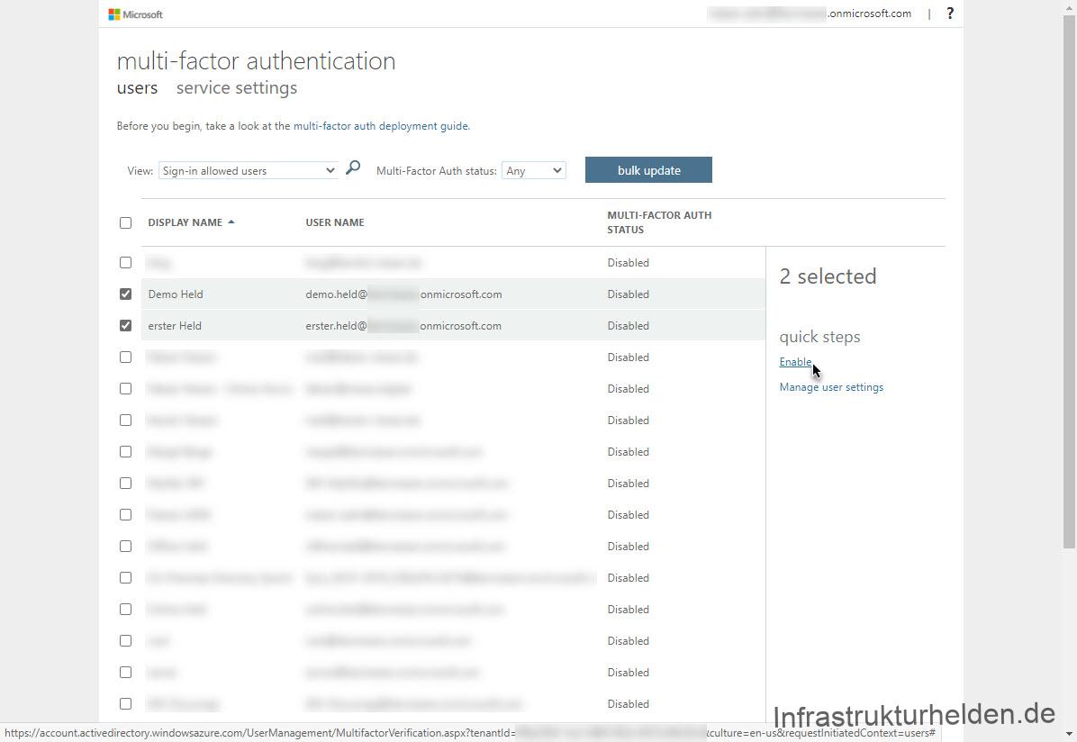 Einrichten von Office 365 – Teil 2 - azure multi factor authentification enable multipl Azure Multi-factor authentification Enable multiple User