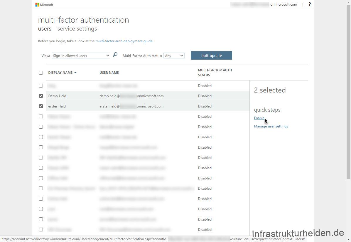 Azure Multi-factor authentification Enable multiple User 