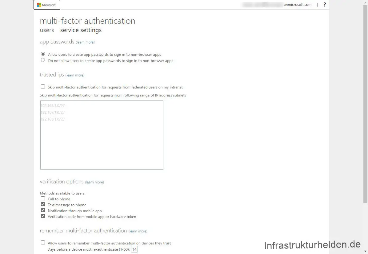 Azure Multi-factor authentification service settings 