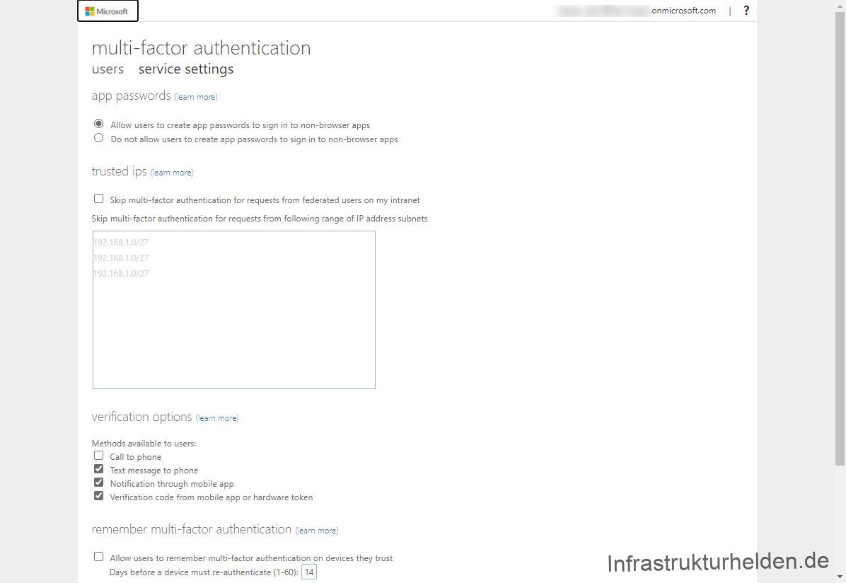 Einrichten von Office 365 – Teil 2 - azure multi factor authentification service settin Azure Multi-factor authentification service settings