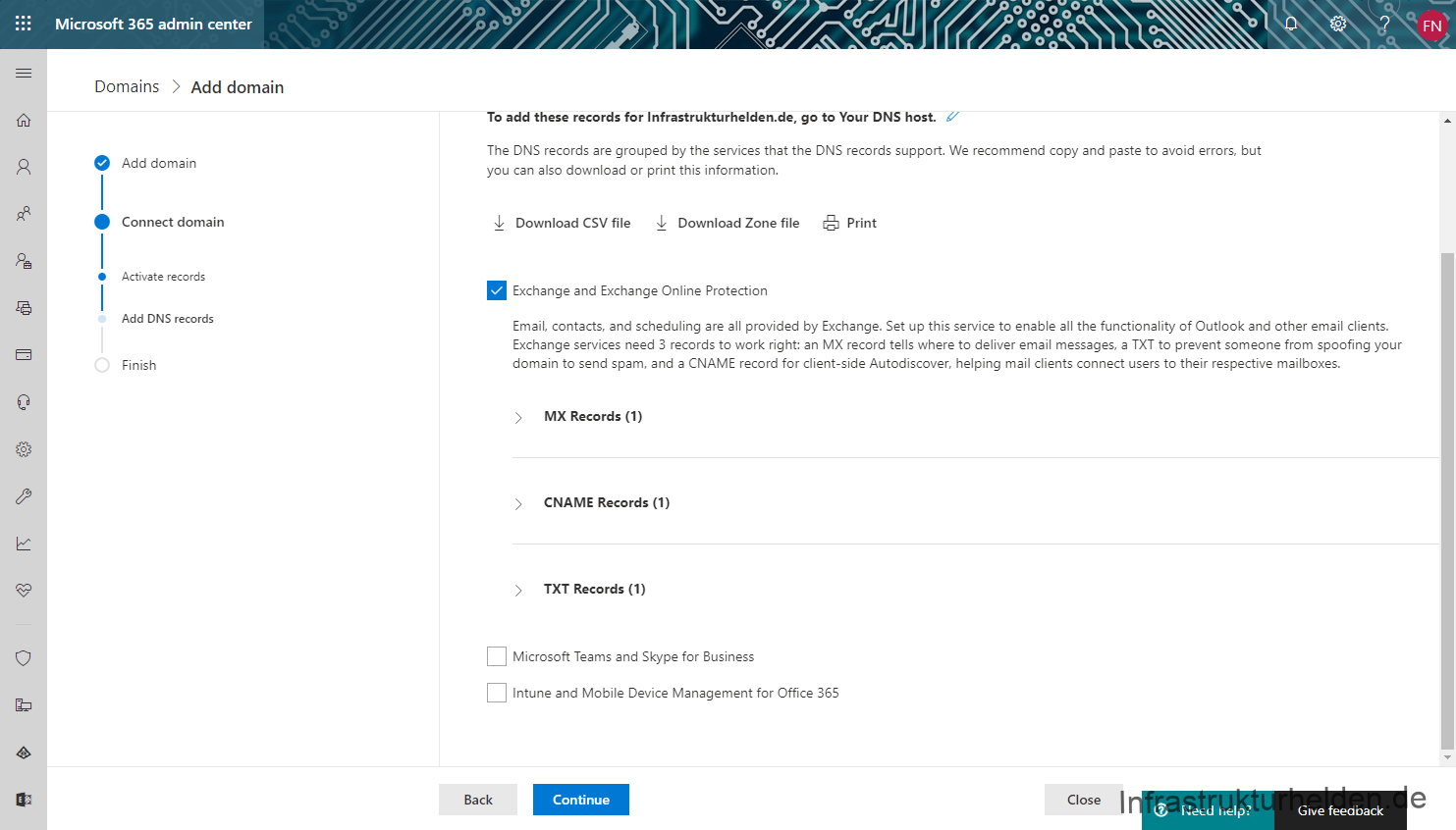 Microsoft 365 admin center > Domains > Add domain > DNS Records