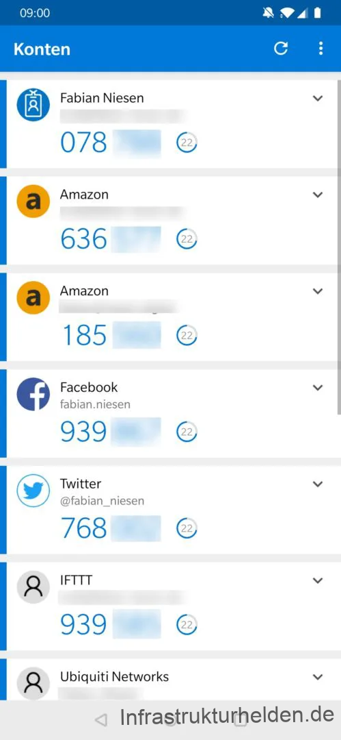 Screenshot aus der Microsoft Authenticator App mit Konten von Amazon, Facebook, Twitter, IFTTT, Ubiquiti und AzureAD