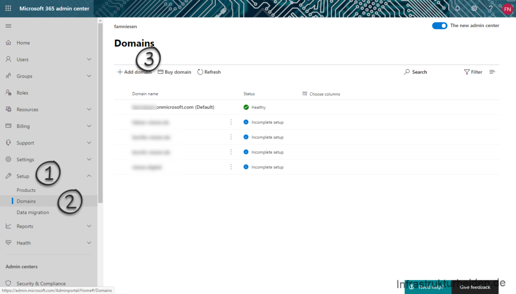 Microsoft 365 admin center: Domain Setup