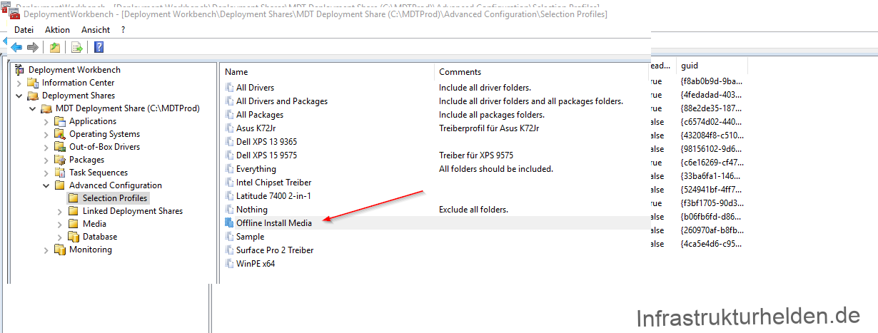 Computergenerierter Alternativtext:
DeplcymentWcrkbench 
Datei Aktion Ansicht 
- [Deplcyment Workbench\DepIcyment Shares\MDT Deployment Share Configuration\SeIection Profiles] 
Deployment Workbench 
Information Center 
v Deployment Shares 
v MDT Share 
Applications 
Operating Systems 
Out of-80x Drivers 
Packages 
Task Sequences 
v Advanced Configuration 
Selection Profiles 
Linked Deployment Shares 
Media 
Monitoring 
All Drivers 
All Drivers and Packages 
All Packages 
Asus K72Jr 
Dell 13 9365 
Dell XPS 15 9575 
Everything 
Intel Chipset Treiber 
Latitude 7400 2- in- I 
Nothing 
Offline Install Media 
Sample 
Sufface Pro 2 Treiber 
WinPEx64 
ead... 
Comments 
rue 
Include all driver folders. 
rue 
Include all driver folders and all packages folders. 
Include all packages folders. 
Treiberprofil für Asus K72Jr 
Treiber für XPS 9575 
All folders should be included. 
Exclude all folders. 
3 Ise 
3 Ise 
guid 
{f8abObgd-gba... 
{4fedadad-4D3... 
{88e2de35-187... 
{c6574d02 440... 
{432DUf8-c510... 
{98156102 gd6... 
{c6e1626g cf47... 
{33ba6fa1-146... 
{524941bf-4ff7... 
{f3bf1705-90d3... 
{b06fb6fd-d86... 
{26D970af b8fb... 
{4ca5e4d6 cg5... 