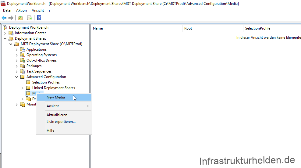 Computergenerierter Alternativtext:
DeploymentWorkbench - [Deployment Workbench\DepIoyment Shares\MDT Deployment Share Configuration\Media] 
Datei Aktion Ansicht ? 
Deployment Workbench 
Information Center 
v Deployment Shares 
v MDT Share 
Applications 
Operating Systems 
Out of-80x Drivers 
Packages 
Task Sequences 
v Advanced Configuration 
Selection Profiles 
Linked Deployment Shares 
Mon- 
Ansicht 
Aktualisieren 
Liste exportieren... 
Hilfe 
SelectionProfiIe 
In dieser Ansicht werden keine Elemente 