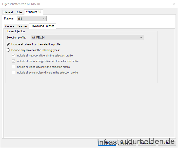 Offline Medien mit dem Microsoft Deployment Toolkit (MDT) erstellen - computergenerierter alternativtext eigenschaften Computergenerierter Alternativtext:
Eigenschaften von MEDIADOI
General Rules Windows PE
Platfom 164
General Features Drivers and P at Ches
Dnver Injection
Selection Profile Win PE x64
@ Include all driveß from the selection Profile
C) Include only driveß of the following types
Includa all network divers in tha selection profila
Includa all mass storaga divers in tha selection profila
Includa all Video divers in tha selection profila
Includa all system-class divers in tha selection profila