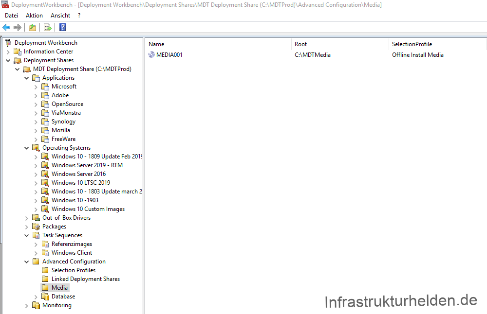 - [Deplcs«nent Sha€,MDT Sha e 
ConfigurationXM d ] 
Cente 
Deployment Shares 
v MDT 
v Applications 
> Microsoft 
) Adobe 
> Open-Source 
Operating Systems 
) 10 • I n Update 201 
serve, 2019 - RTM 
2016 
10 LTsc 2019 
10 - 103 Update march 
10-1903 
Windows 10 Custom Images 
Out• of • Brim 
Task Sequences 
Refe re 
> Windows Client 
v Config waticn 
Linked Deployrnent Shares 
'&itUing 
Offline Install Media 