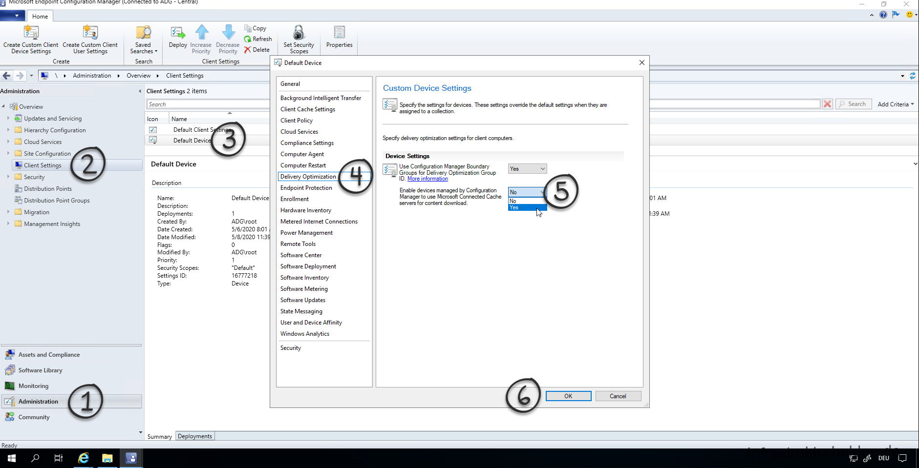 Microsoft Connected Cache mit SCCM einrichten 6 Konfigurieren der SCCM Policy für Connected Cache
Als nächstes müssen Sie die entsprechende Geräte Richtlinie in SCCM anpassen. Gehen Sie dazu unter Administration zu den "Client Settings" und öffnen die Eigenschaften der entsprechenden Richtlinie. Dort setzen Sie bitte unter dem Punkt "Delivery Optimization" die Option "Enable devices managed by Configuration Manager to use Microsoft Connected Cache servers for content download" auf "Yes".