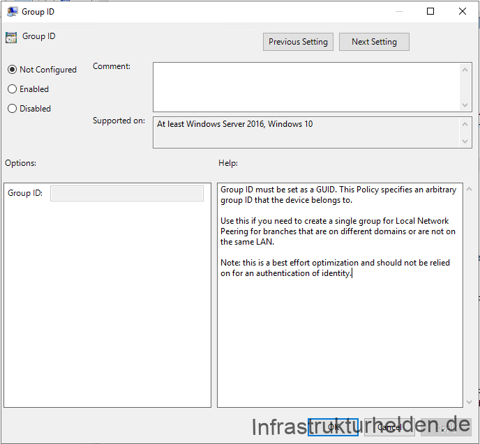 Group Policy from Windows 10 1909 Group Policy Templates
"Group ID": Group ID must be set as a GUID. This Policy specifies an arbitrary group ID that the device belongs to.
Use this if you need to create a single group for Local Network Peering for branches that are on different domains or are not on the same LAN.
Note: this is a best effort optimization and should not be relied on for an authentication of identity. 