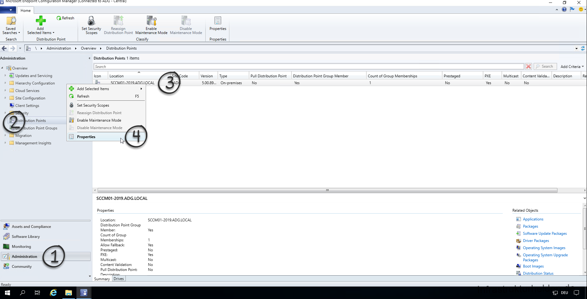 Activating the Microsoft Connected Cache
Open the SCCM console and navigate under "Administration" to the item "Distribution Points". Select the desired Distribution Point, open the context menu with the right mouse button and select "Properties". 