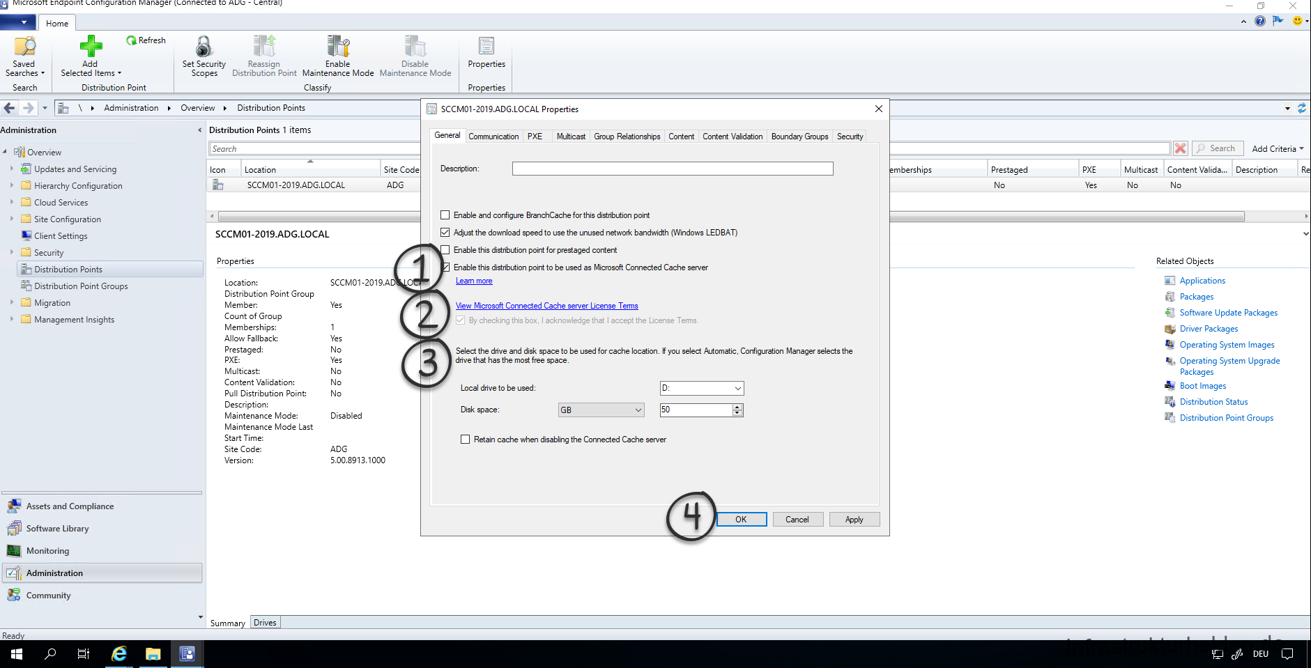 Microsoft Connected Cache mit SCCM einrichten 5 Aktivieren des Microsoft Connected Cache - Teil 2
In dem Eigenschaften Dialog finden Sie im Reiter "General" die Checkbox "Enable this distribution point to be used as Microsoft Connected Cache server". Aktivieren Sie diese und konfigurieren den Speicherort und Umfang entsprechend ihrer Bedürfnisse. Seien sie lieber etwas zu großzügig für den Cache in Ihrer Umgebung. In meinem Testlabor wähle ich 50GB auf Grund vorhandener Ressourcen Beschränkungen. Der Standartwert sind 100GB Cachegröße.