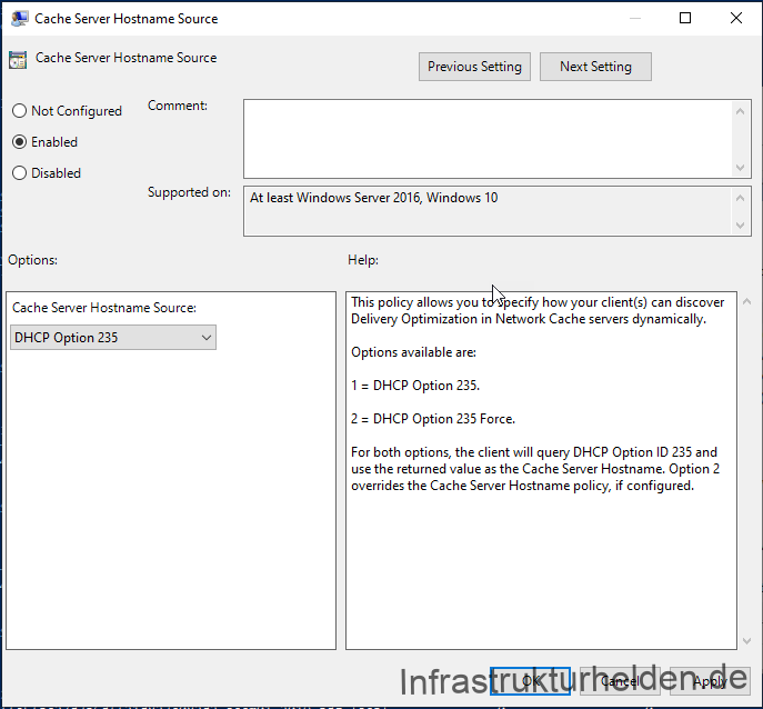 Microsoft Connected Cache mit SCCM einrichten - word image 3 Gruppenrichtlinie aus Windows 10 20H1 Release Preview: Cache Server Hostname Source DHCP Option 235