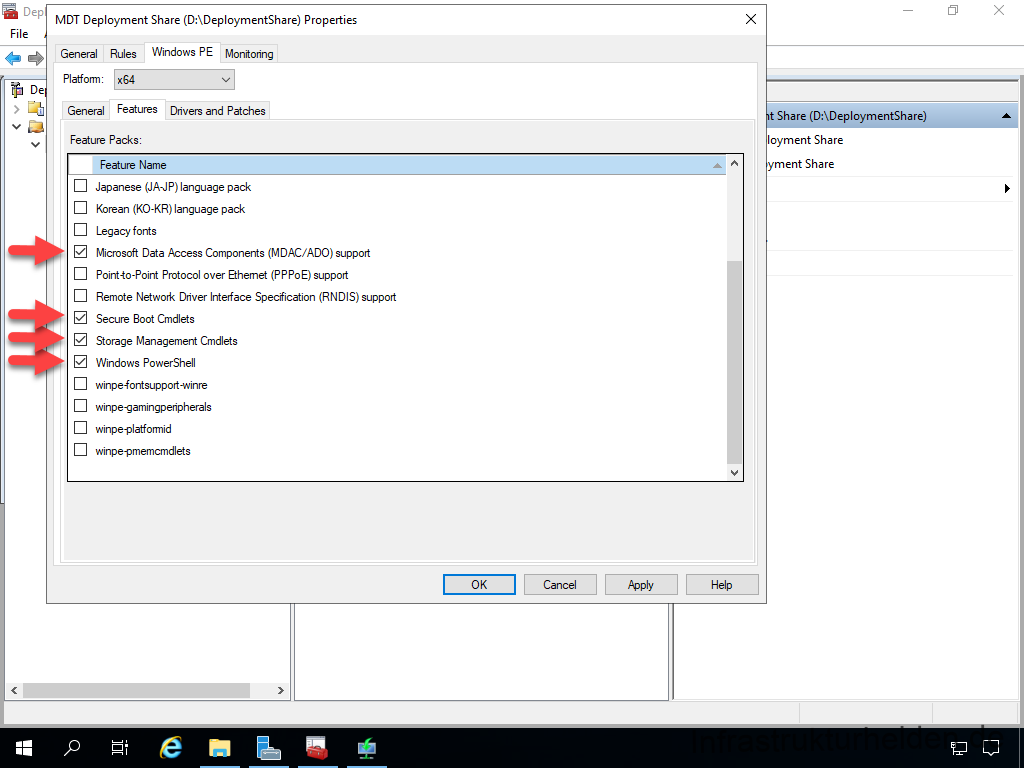 Network Installation with the Microsoft Deployment Toolkit - Part 2: Service Account, Drivers, Software, Base Image Considerations 18 MDT Deployment Workbench - Win PE Features