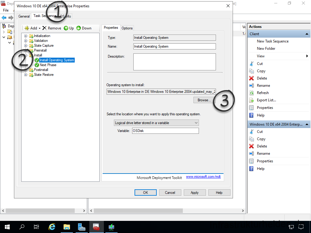 Netzwerkinstallation mit dem Microsoft Deployment Toolkit – Teil 4: Integration des Base Image und des Windows Deployment Service - computergenerierter alternativtext dep t windo 2 Screenshot: Deployment Workbench - import des Base Image in die Task Sequenz