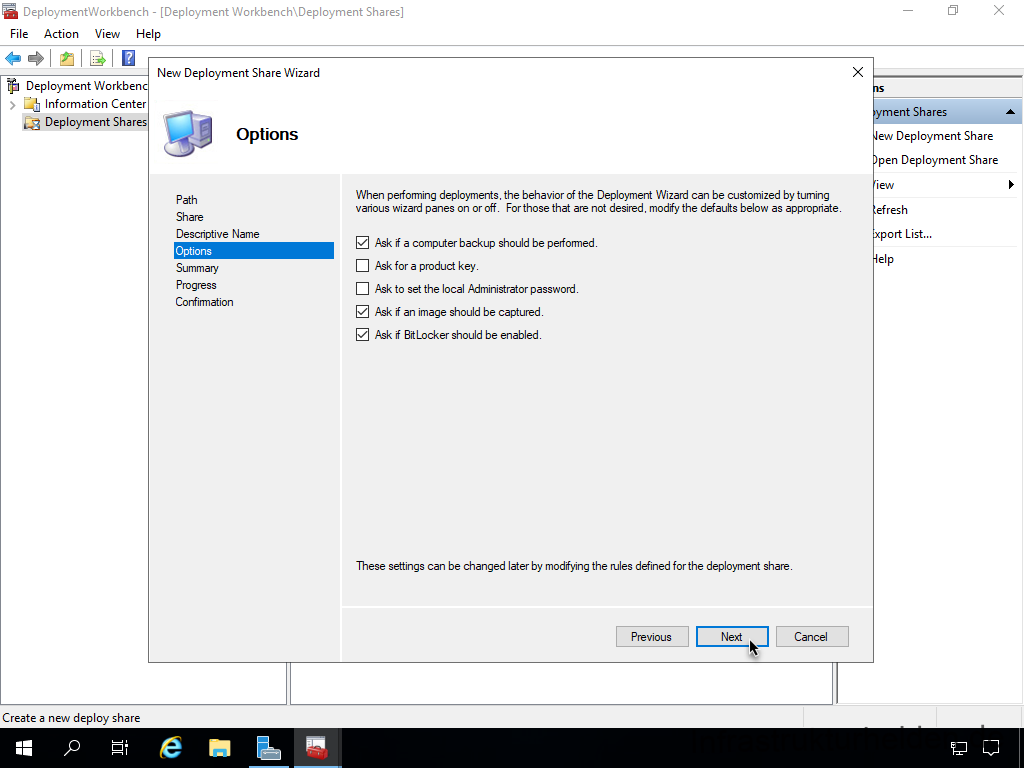 Netzwerkinstallation mit dem Microsoft Deployment Toolkit – Teil 1: Hinweise, Vorbereitung und Einrichtung - computergenerierter alternativtext deplcymentwcrk 1 Screenshot: Start Deployment Workbench - New Deployment Share - Options