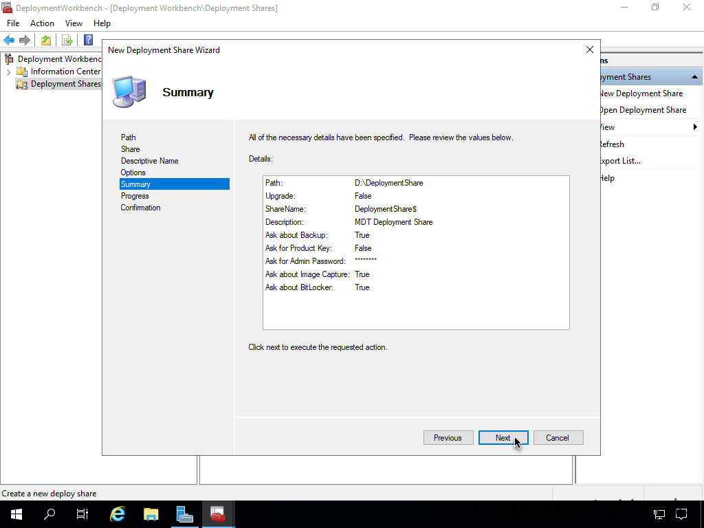 Netzwerkinstallation mit dem Microsoft Deployment Toolkit – Teil 1: Hinweise, Vorbereitung und Einrichtung - computergenerierter alternativtext deplcymentwcrk 2 Screenshot: Start Deployment Workbench - New Deployment Share - Summary