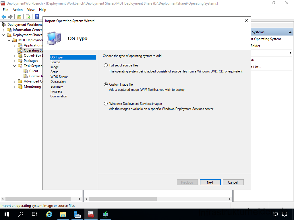 Netzwerkinstallation mit dem Microsoft Deployment Toolkit – Teil 4: Integration des Base Image und des Windows Deployment Service - computergenerierter alternativtext deplcymentwcrk 27 Screenshot: Deployment Workbench - import des Base Image in MDT - OS Type