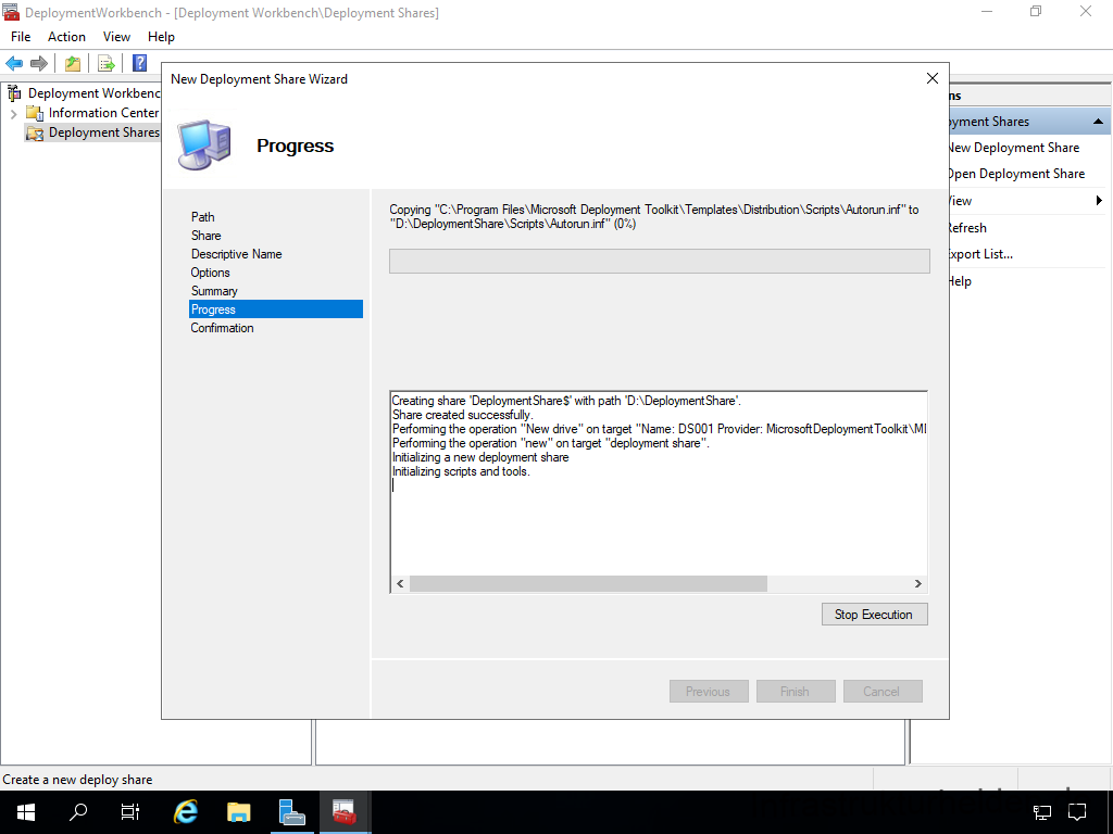 Netzwerkinstallation mit dem Microsoft Deployment Toolkit – Teil 1: Hinweise, Vorbereitung und Einrichtung - computergenerierter alternativtext deplcymentwcrk 3 Screenshot: Start Deployment Workbench - New Deployment Share - Progress