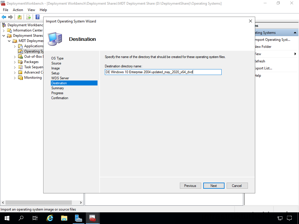Netzwerkinstallation mit dem Microsoft Deployment Toolkit – Teil 1: Hinweise, Vorbereitung und Einrichtung - computergenerierter alternativtext deplcymentwcrk 5 Screenshot: Start Deployment Workbench - Hinzufügen von Betriebssystemen - Destination