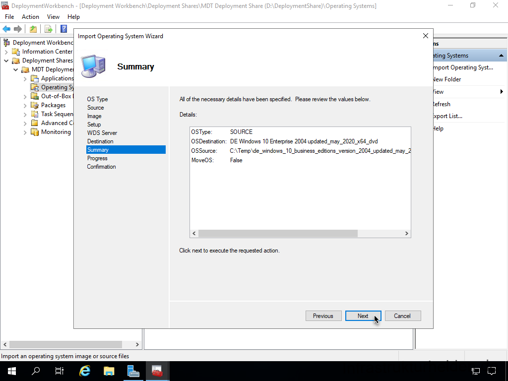 Netzwerkinstallation mit dem Microsoft Deployment Toolkit – Teil 1: Hinweise, Vorbereitung und Einrichtung - computergenerierter alternativtext deplcymentwcrk 6 Screenshot: Start Deployment Workbench - Hinzufügen von Betriebssystemen - Summary