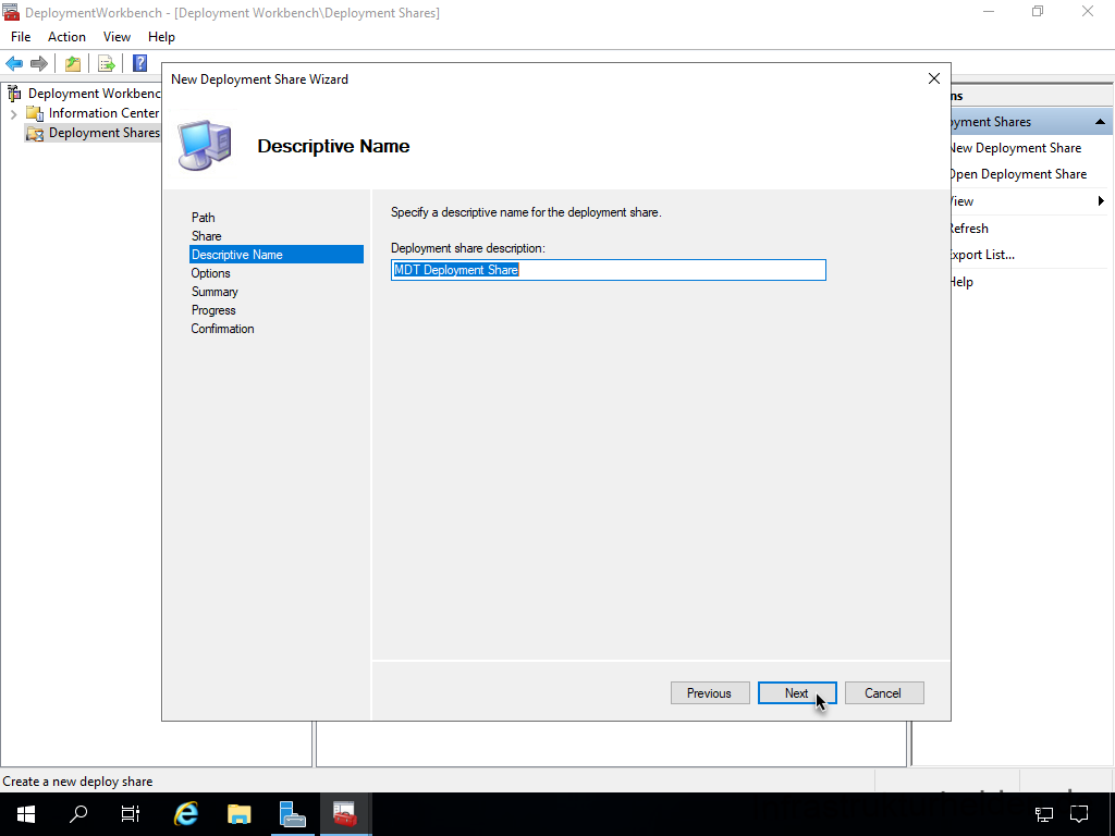 Netzwerkinstallation mit dem Microsoft Deployment Toolkit – Teil 1: Hinweise, Vorbereitung und Einrichtung - computergenerierter alternativtext deplcymentwcrk Screenshot: Start Deployment Workbench - New Deployment Share - Descriptive Name