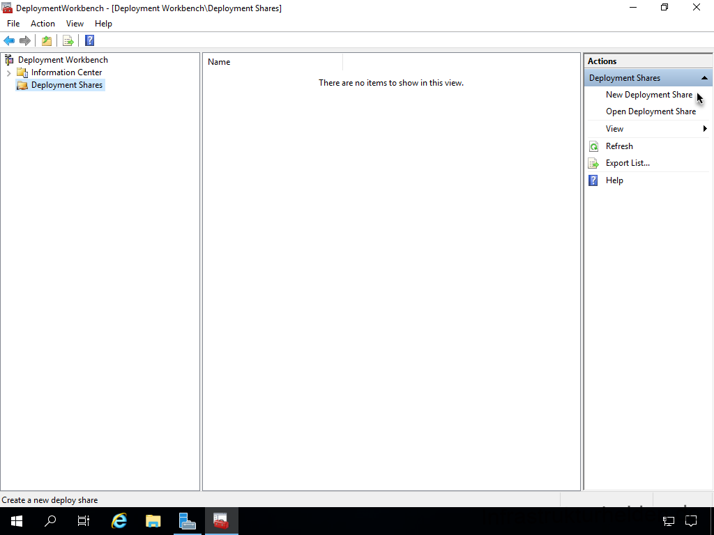Netzwerkinstallation mit dem Microsoft Deployment Toolkit – Teil 1: Hinweise, Vorbereitung und Einrichtung - computergenerierter alternativtext deploymentwork Screenshot: Start Deployment Workbench - New Deployment Share