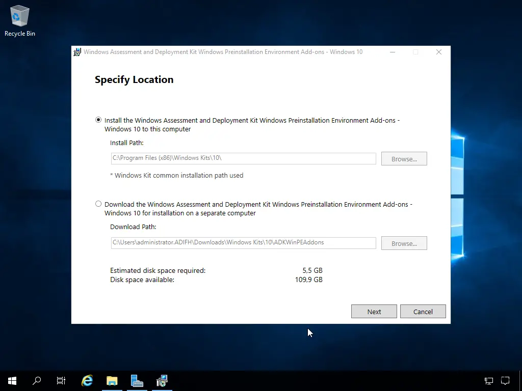 Install Windows Assessment and Deployment Kit - Windows Preinstallation Environment - Specify Location