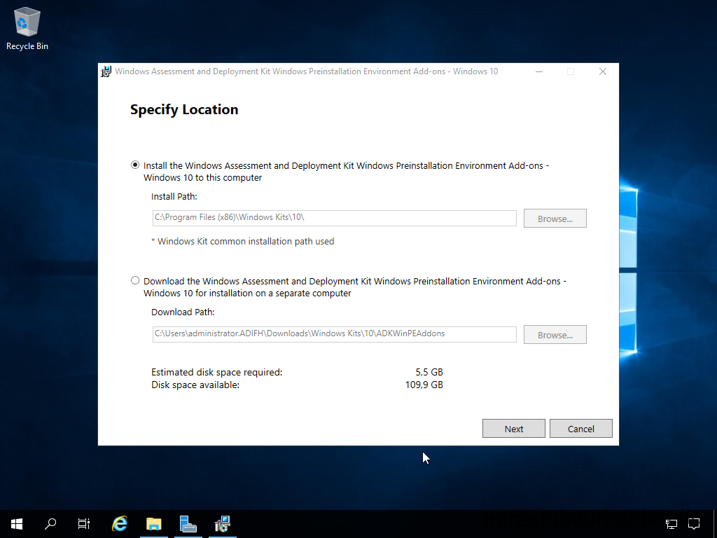 Netzwerkinstallation mit dem Microsoft Deployment Toolkit – Teil 1: Hinweise, Vorbereitung und Einrichtung - computergenerierter alternativtext recycle bin u 2 Install Windows Assessment and Deployment Kit - Windows Preinstallation Environment - Specify Location
