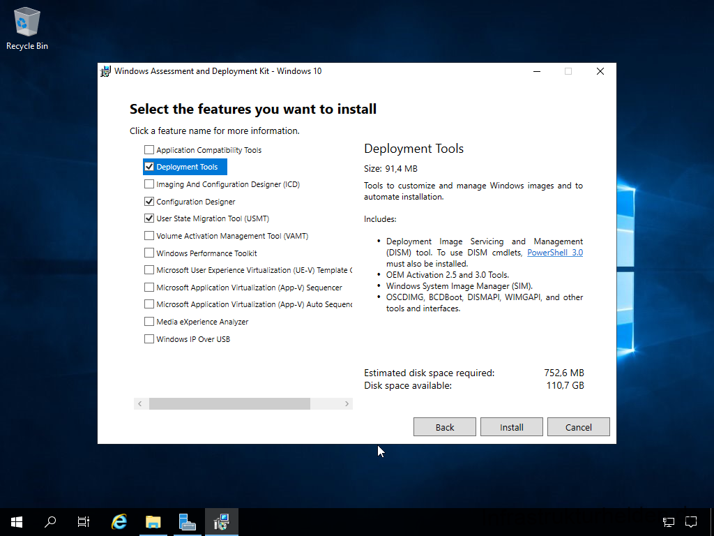 Netzwerkinstallation mit dem Microsoft Deployment Toolkit – Teil 1: Hinweise, Vorbereitung und Einrichtung - computergenerierter alternativtext recycle bin w 3 Install Windows Assessment and Deployment Kit - Select the features
