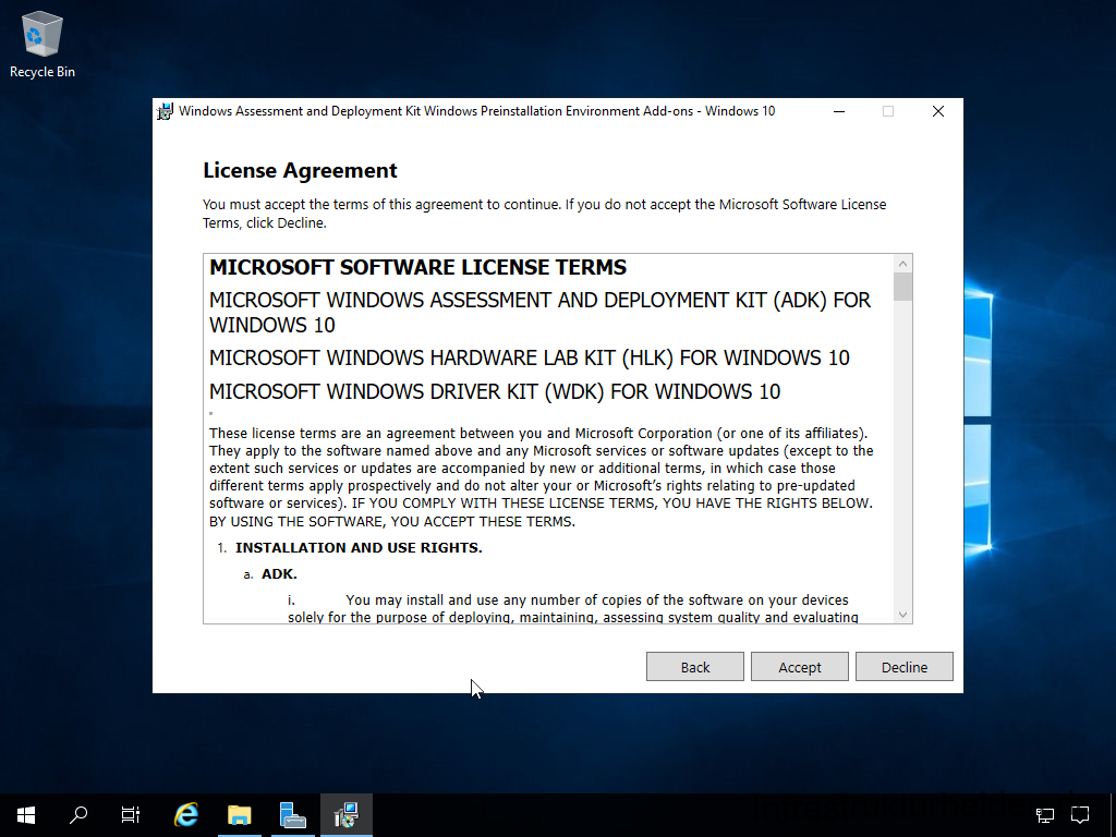 Netzwerkinstallation mit dem Microsoft Deployment Toolkit – Teil 1: Hinweise, Vorbereitung und Einrichtung - computergenerierter alternativtext recycle bin w 5 Install Windows Assessment and Deployment Kit - Windows Preinstallation Environment - License Agreement