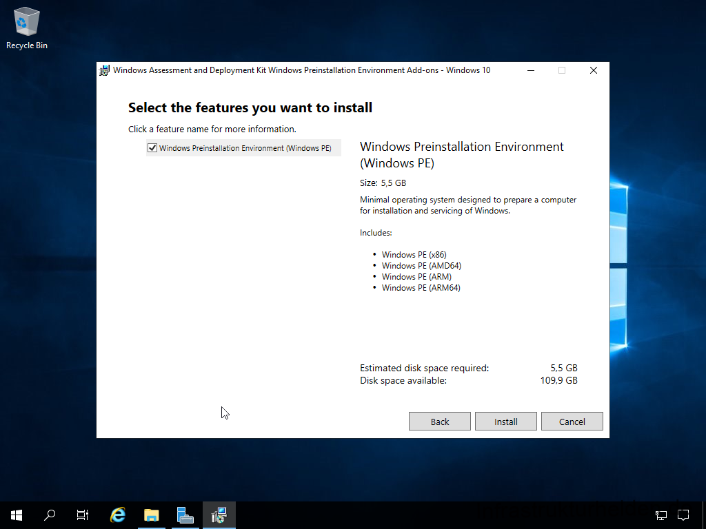 Netzwerkinstallation mit dem Microsoft Deployment Toolkit – Teil 1: Hinweise, Vorbereitung und Einrichtung - computergenerierter alternativtext recycle bin w 6 Install Windows Assessment and Deployment Kit - Windows Preinstallation Environment - Features