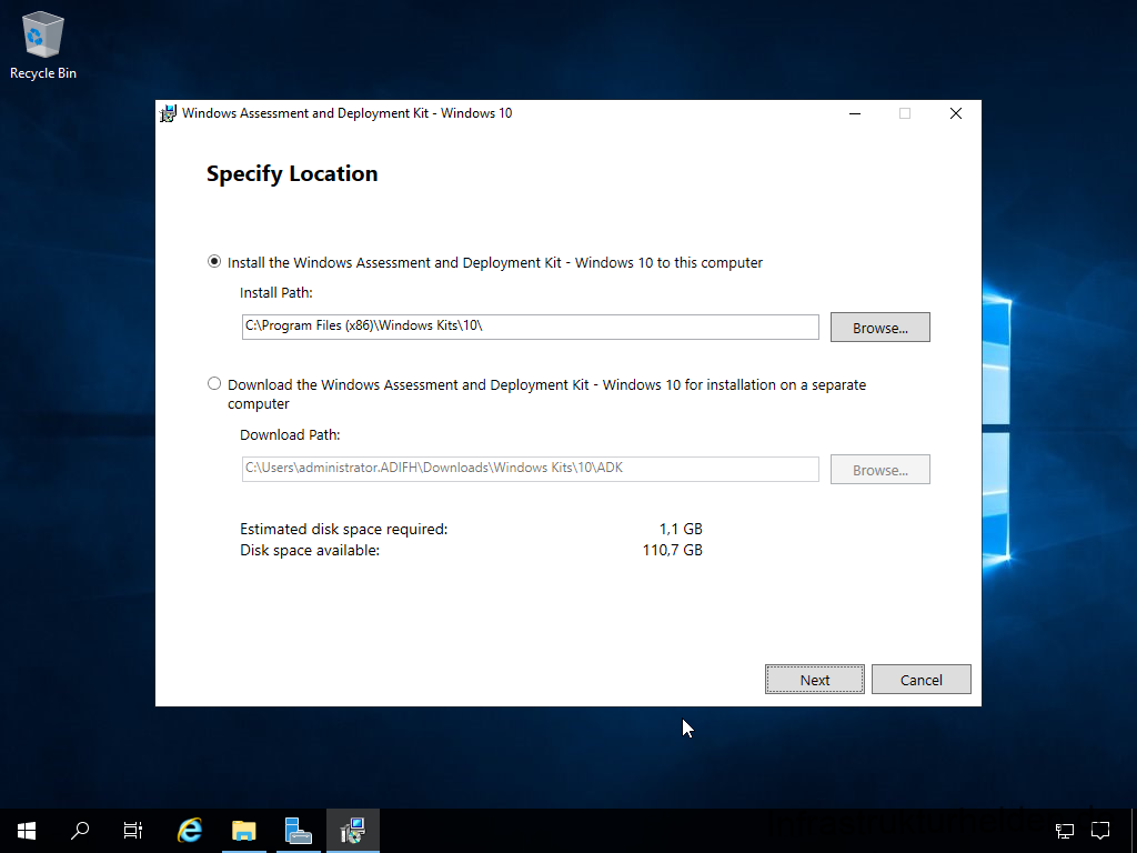 Netzwerkinstallation mit dem Microsoft Deployment Toolkit – Teil 1: Hinweise, Vorbereitung und Einrichtung - computergenerierter alternativtext recycle bin w Install Windows Assessment and Deployment Kit - Specify Location
