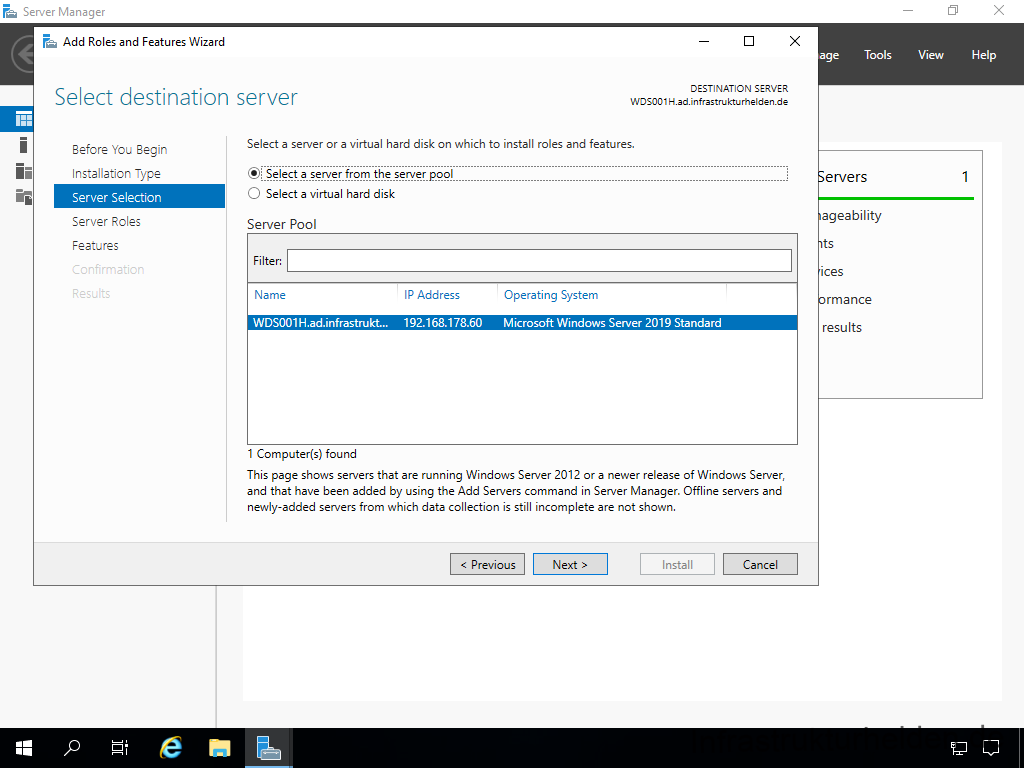 Screenshot: Installation Windows Deployment Service - Select Server