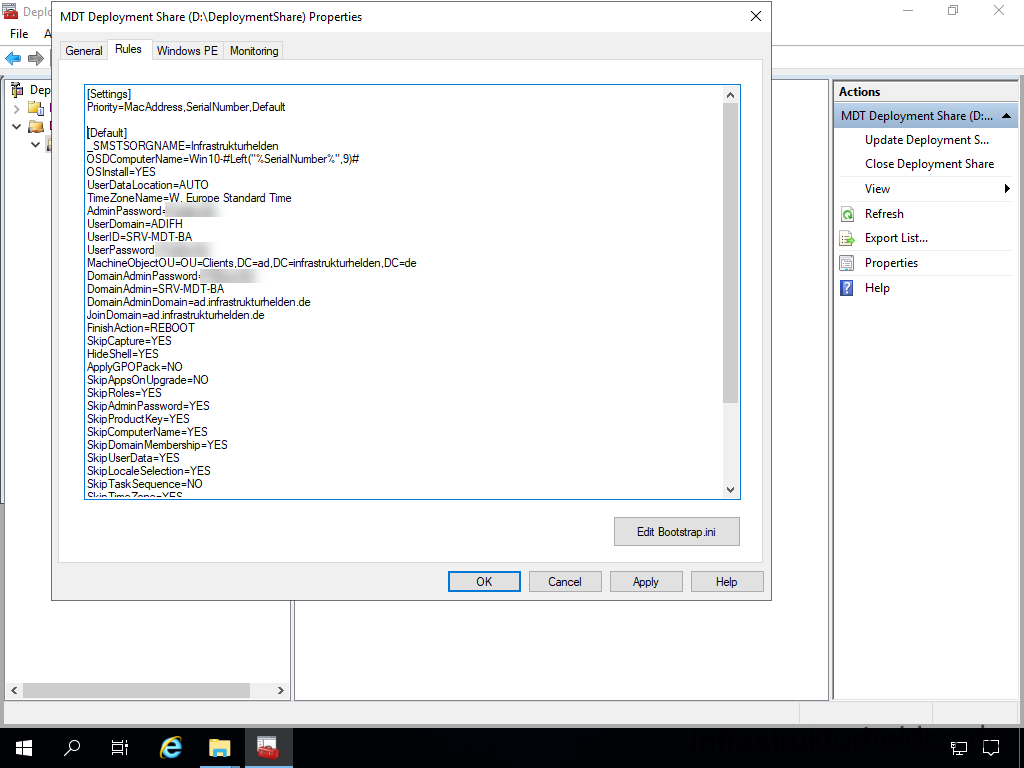 Netzwerkinstallation mit dem Microsoft Deployment Toolkit – Teil 3: Erstellung von Tasksequenzen - depl mdt deployment share properties general rul 1 Screenshot: MDT Deployment Workbench - Konfiguration der MDT Regeln